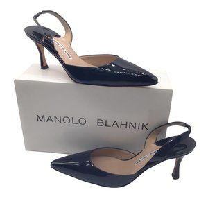 Manolo Blahnik Black Carolyne Pointed Toe Patent Leather Slingback Pumps